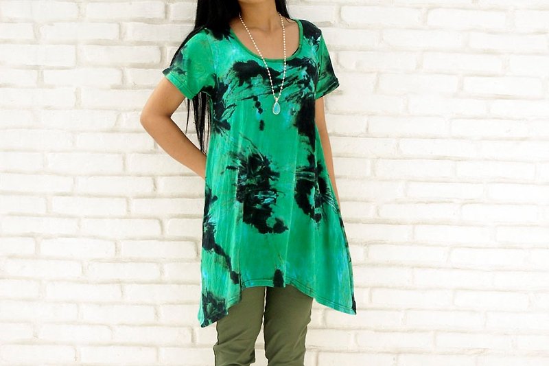 ムラ染めAラインフレアーTシャツ＜グリーンネイビー＞ - 女装 T 恤 - 其他材质 绿色