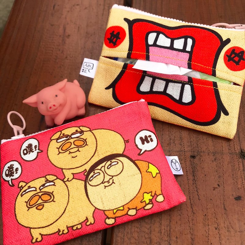 三只小猪 / 面纸包 零钱包 钱包 - 零钱包 - 棉．麻 粉红色