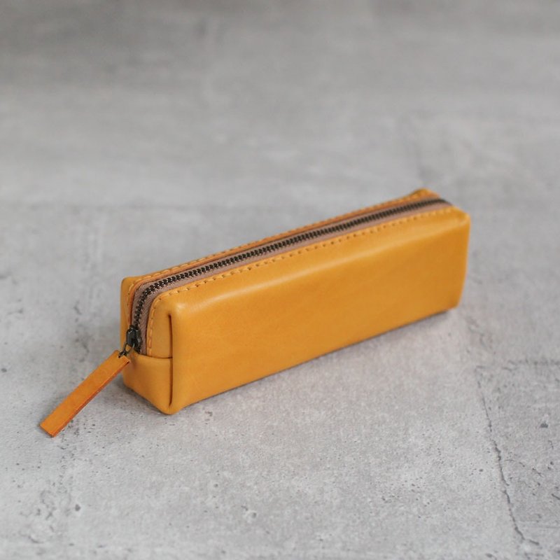 铭黄色立体植鞣手工真皮革笔袋 (长款) - 铅笔盒/笔袋 - 真皮 黄色
