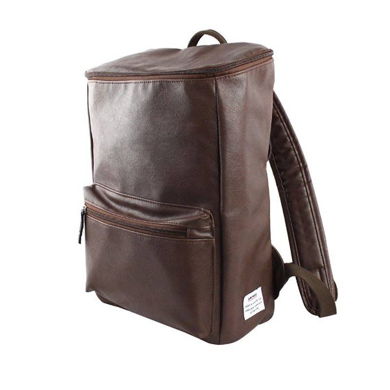 AMINAH-咖啡色复古皮革方形后背包【am-0227】 - 后背包/双肩包 - 人造皮革 咖啡色