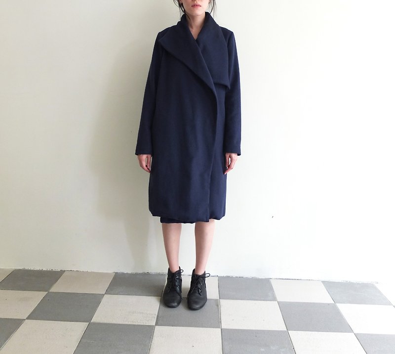 海军蓝毯子式羊毛大衣 (可订作黑色) - 女装休闲/机能外套 - 羊毛 