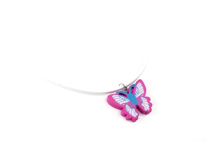 桃色木头蝴蝶-白色绳颈链 - 项链 - 真皮 粉红色