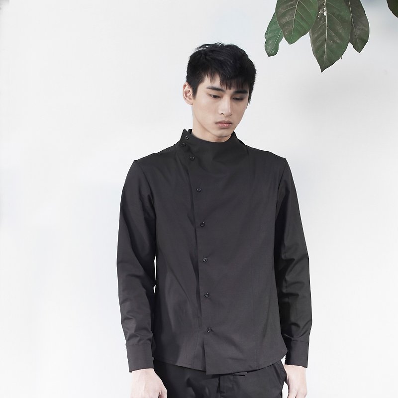 TRAN - 高领藏襟衫 - 男装衬衫 - 聚酯纤维 黑色