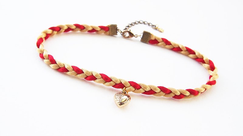 Red gold braided choker / necklace with tiny gold heart charm. - 项链 - 其他材质 红色