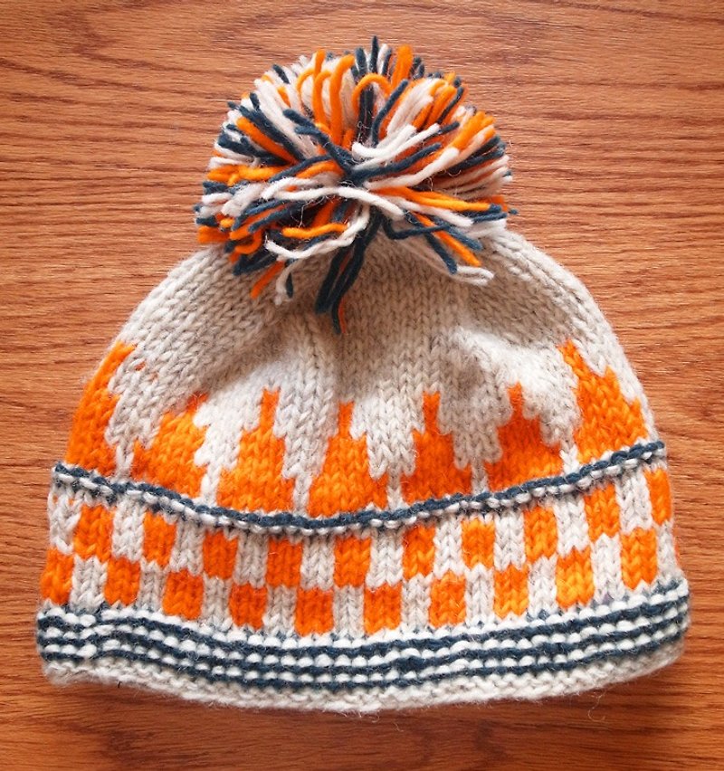 【乐拍子】纯羊毛手编毛帽 毛线帽Hand-made in Nepal（几合-亮橘） - 帽子 - 其他材质 橘色
