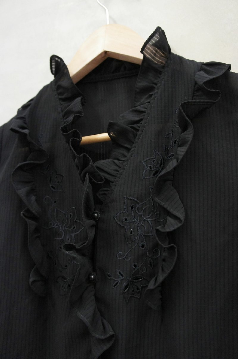 PdB 古着 黑色直纹雪纺质 维多莉亚领 衬衫 - 女装衬衫 - 其他材质 黑色