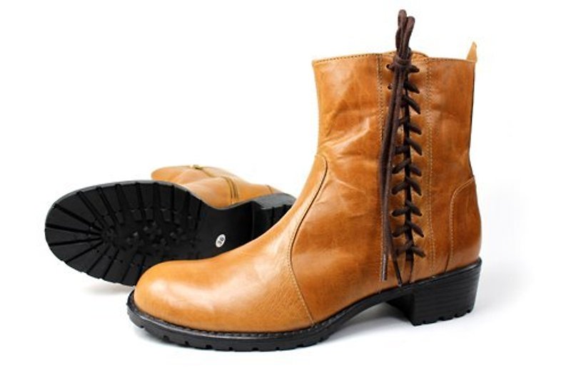 棕｜侧边绑带短靴(现有尺寸为39#) - 女款短靴 - 真皮 金色