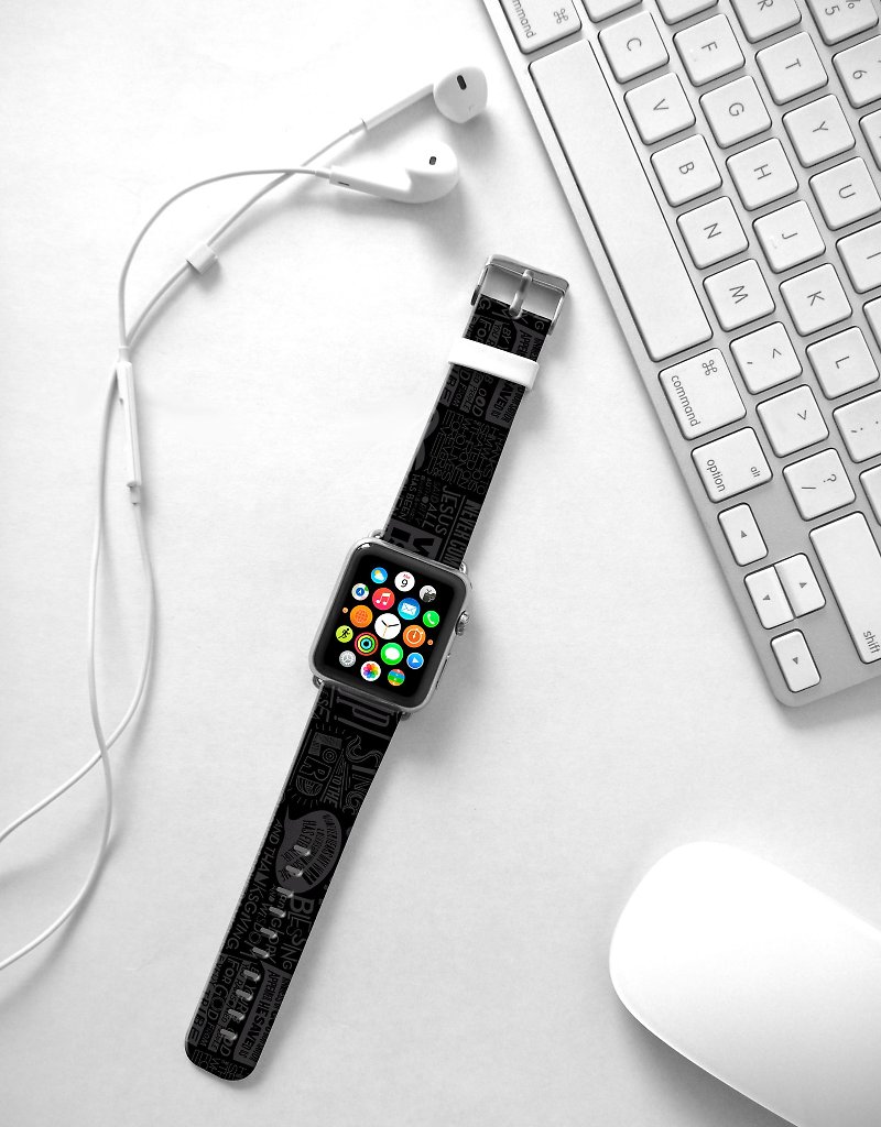 Apple Watch Series 1 , Series 2, Series 3 - Apple Watch 真皮手表带，适用于Apple Watch 及 Apple Watch Sport - Freshion 香港原创设计师品牌 - 黑色文字图案 93 - 表带 - 真皮 