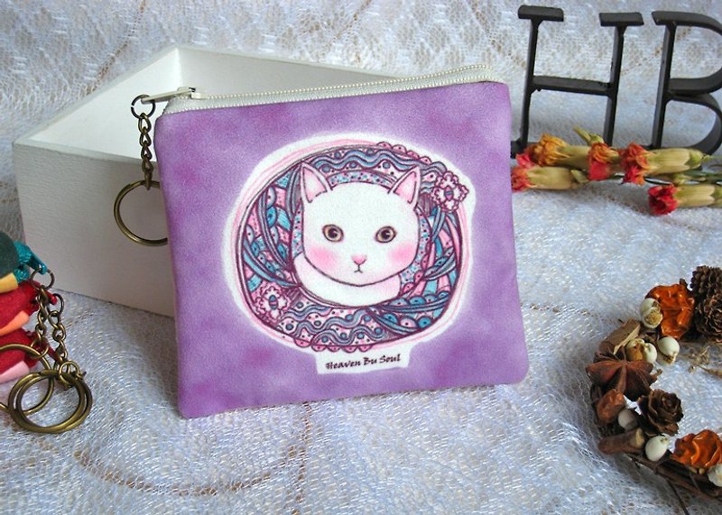 <秘境之生>猫的好奇心 小 零钱包 票卡 插画 动物 - 零钱包 - 其他材质 紫色