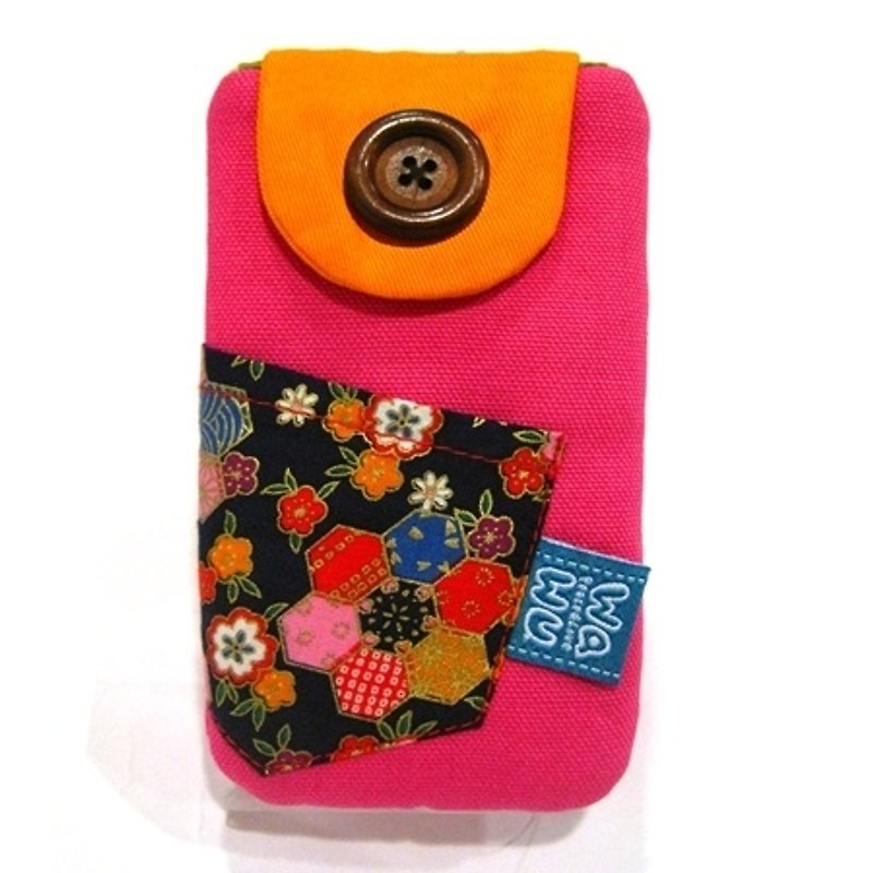 WaWu钮扣手机袋 (桃花) (附绳) 订制款*/手机包/随身电源袋 - 手机壳/手机套 - 棉．麻 粉红色