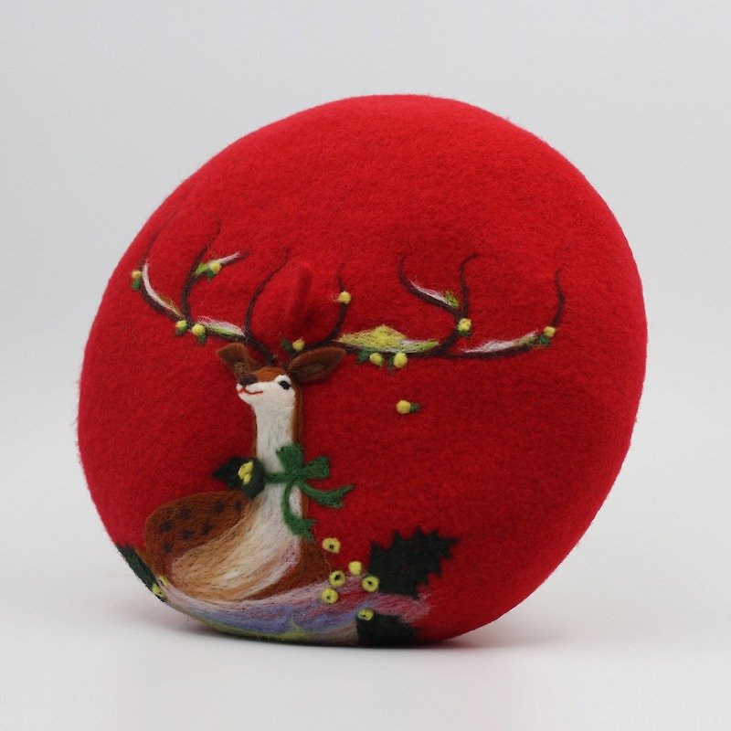圣诞礼物原创手工羊毛毡贝雷帽画家帽针毡立体鹿—红色 - 帽子 - 羊毛 红色