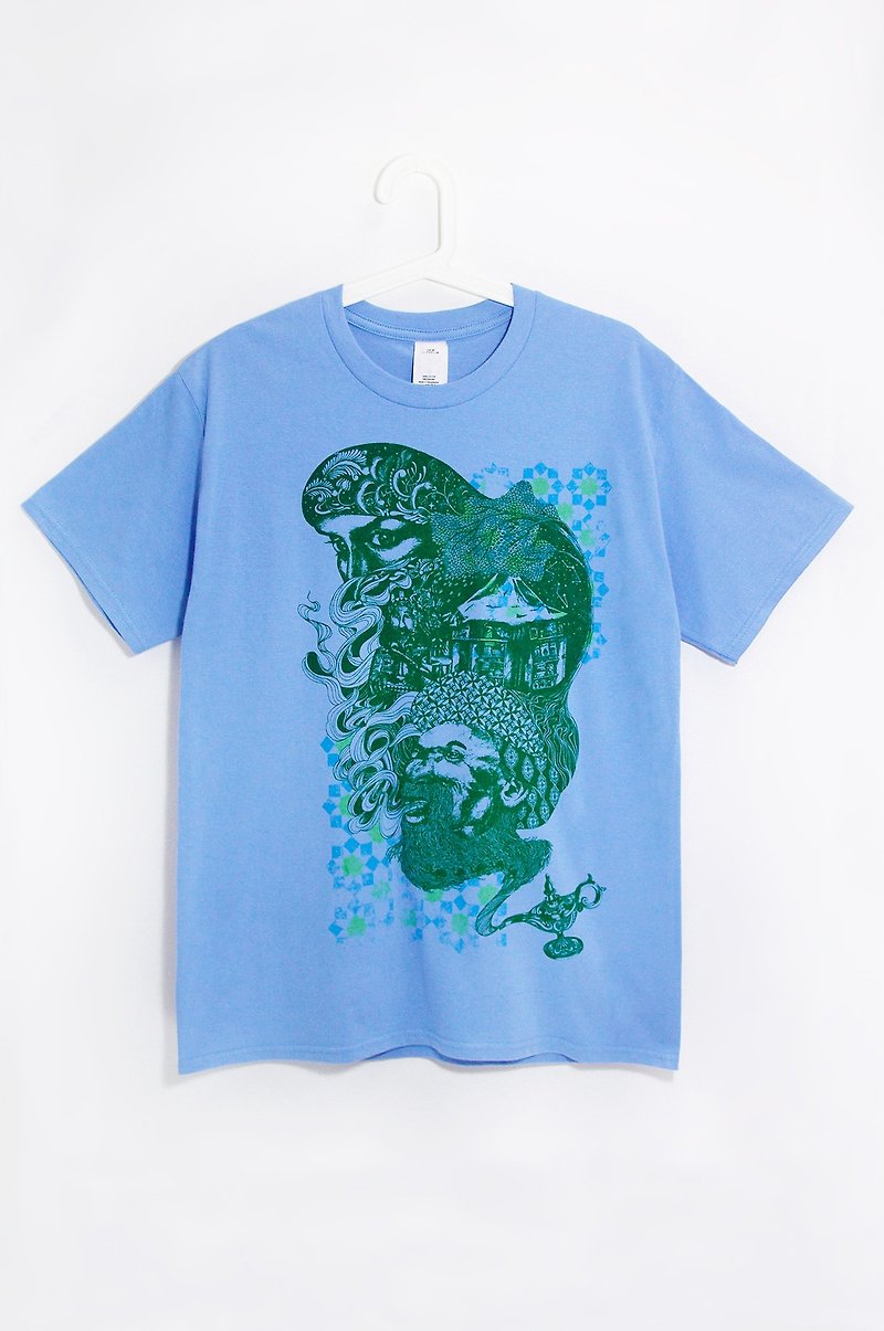 男装合身纯棉插画Tee / T-shirt - 跟着神灯去旅行吧! - 男装上衣/T 恤 - 纸 蓝色