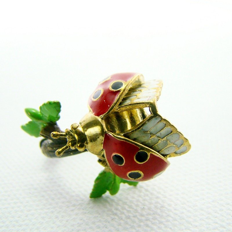 Ladybug branch ring in brass and enamel color ,Rocker jewelry ,Skull jewelry,Biker jewelry - 戒指 - 其他金属 