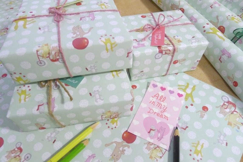 包装纸 小猫咪与青青草绿色点点(同花色3张附赠品) - 木工/竹艺/纸艺 - 纸 绿色