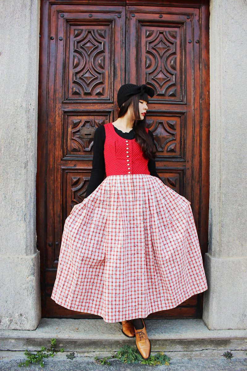 F823(Vintage)红色精致点点拼接格纹印花棉质背心洋装(奥地利传统Dirndl) - 洋装/连衣裙 - 其他材质 红色
