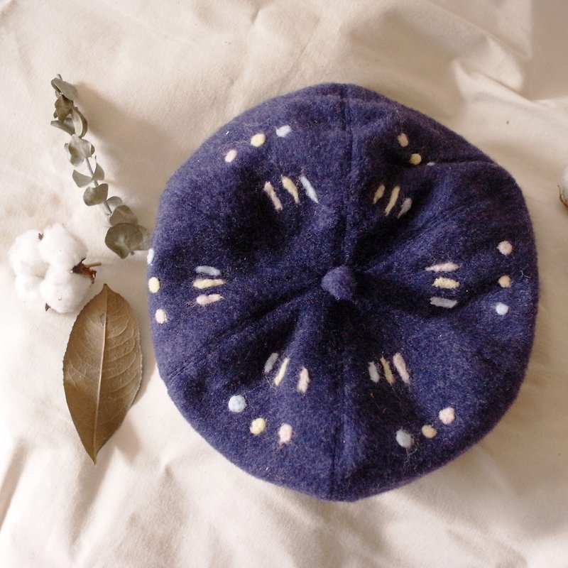深蓝羊毛毡马卡龙线条点南瓜帽 - 帽子 - 聚酯纤维 蓝色