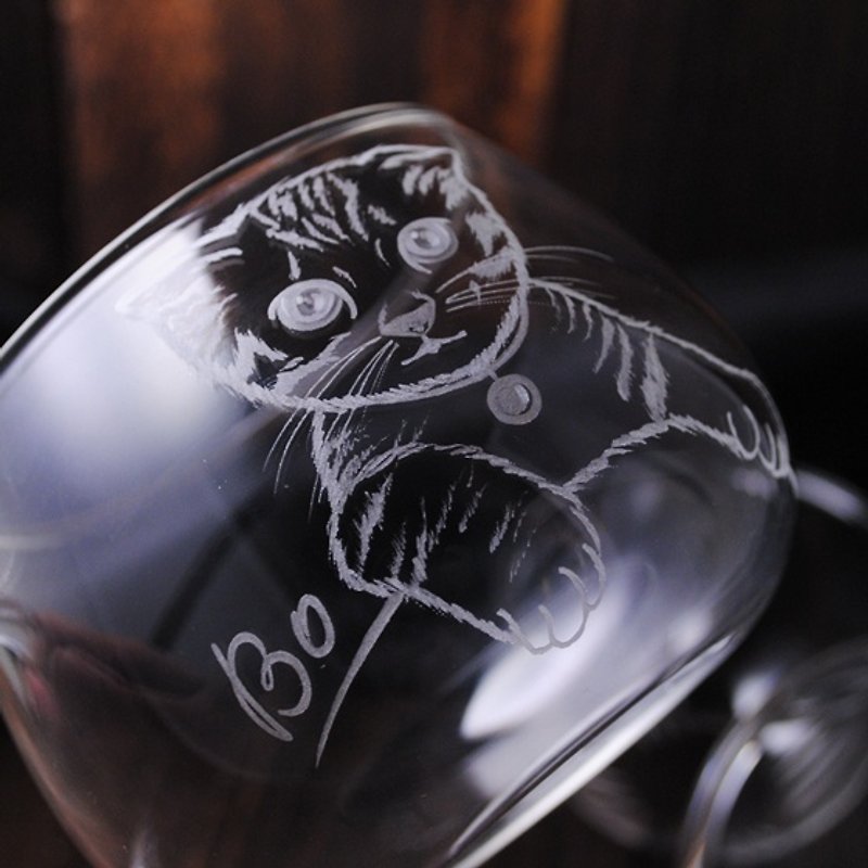 300cc【玻璃泡茶圆趣3件式茶杯】(简易版) 猫咪CAT 订做宠物雕刻 - 订制画像 - 玻璃 咖啡色