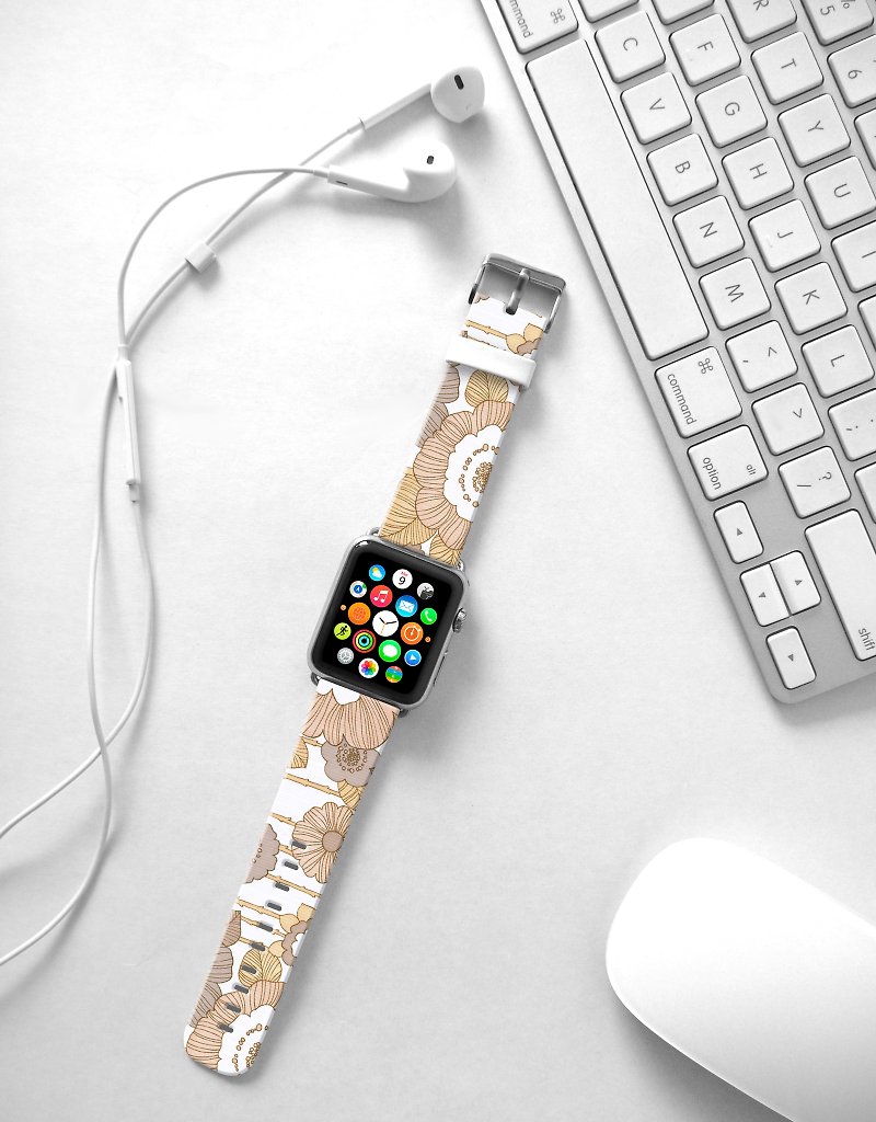 Apple Watch Series 1 , Series 2, Series 3 - Apple Watch 真皮手表带，适用于Apple Watch 及 Apple Watch Sport - Freshion 香港原创设计师品牌 - 米色玫瑰花纹 cr13 - 表带 - 真皮 