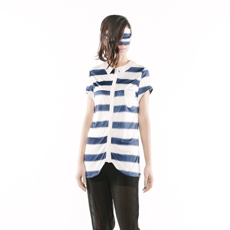 【Dress】圆弧下摆衬衫 < 蓝白条/ 黑白条 x 2色> - 女装衬衫 - 其他材质 多色