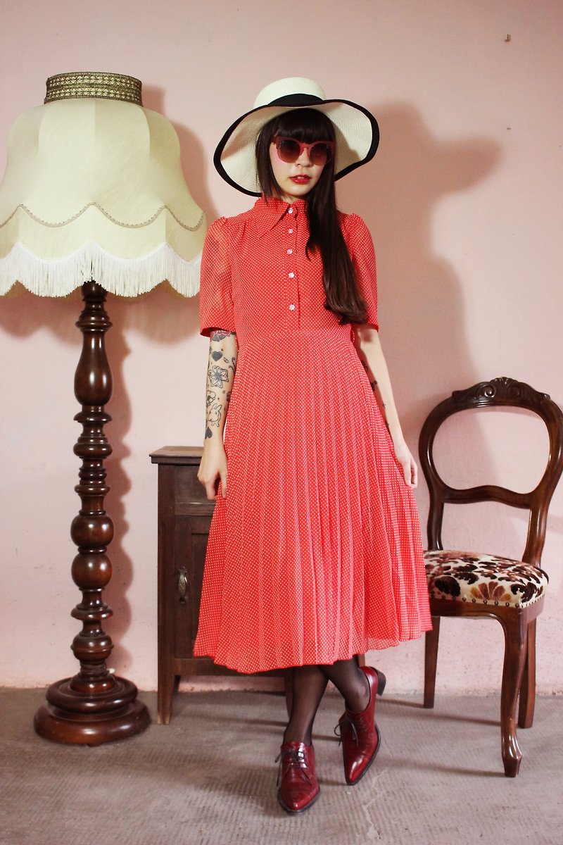 F1099(Vintage)红色白色点点古着洋装(此件偏XS尺寸) - 洋装/连衣裙 - 其他材质 红色