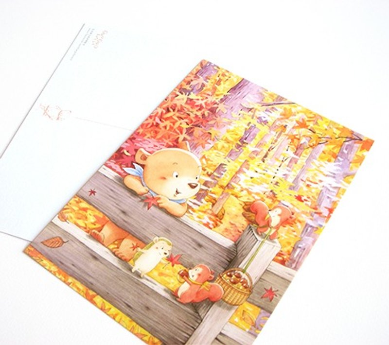 贝果在森林里散步－秋：秋天的礼物〔明信片〕 - 卡片/明信片 - 纸 咖啡色