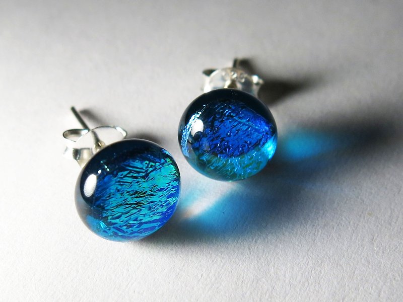 珠宝琉璃纯银耳环 / Z4(耳针、耳夹) - 耳环/耳夹 - 玻璃 蓝色