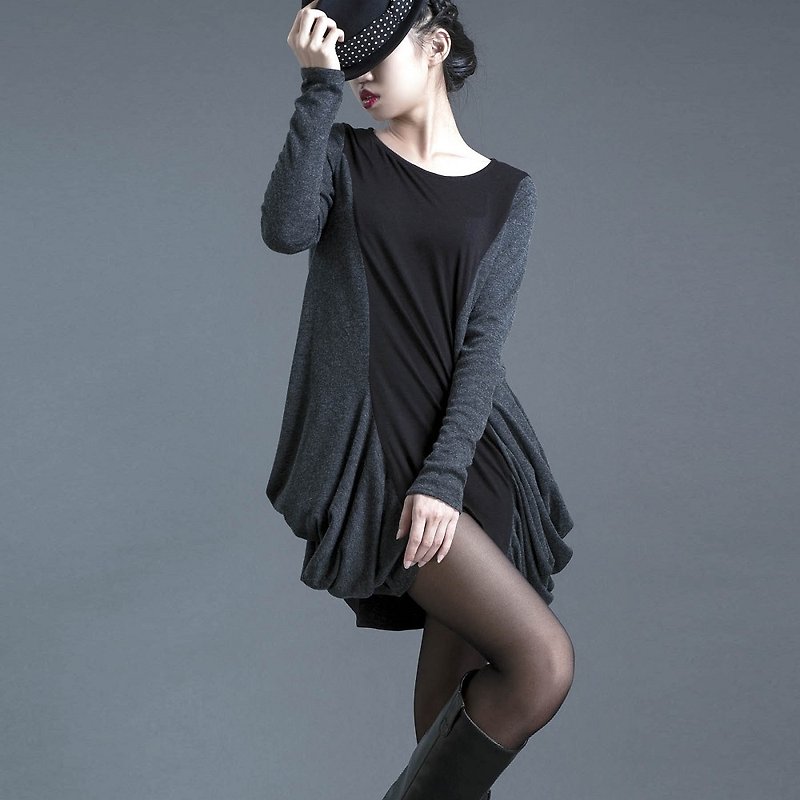 【dress,top】_侧边垂坠洋装_ &amp;amp;lt; 毛料黑灰 / 薄针织褐色  x2色&amp;amp;gt; - 洋装/连衣裙 - 其他材质 黑色