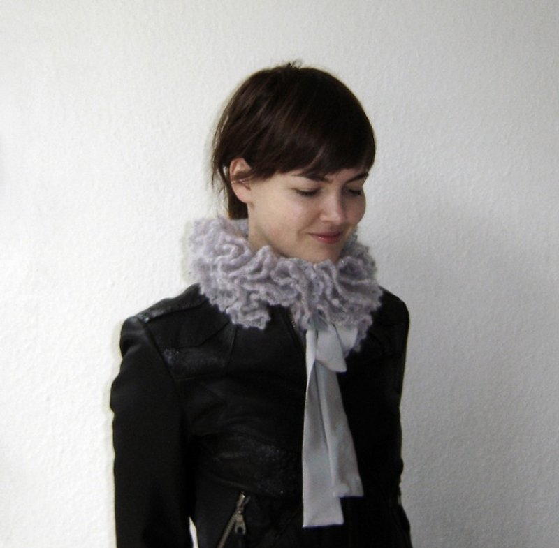 Grey Crochet Ruffle Collar Scarf - Elegant Mohair Ruffle Lace Scarflette with Silk Ties - 丝巾 - 其他材质 灰色