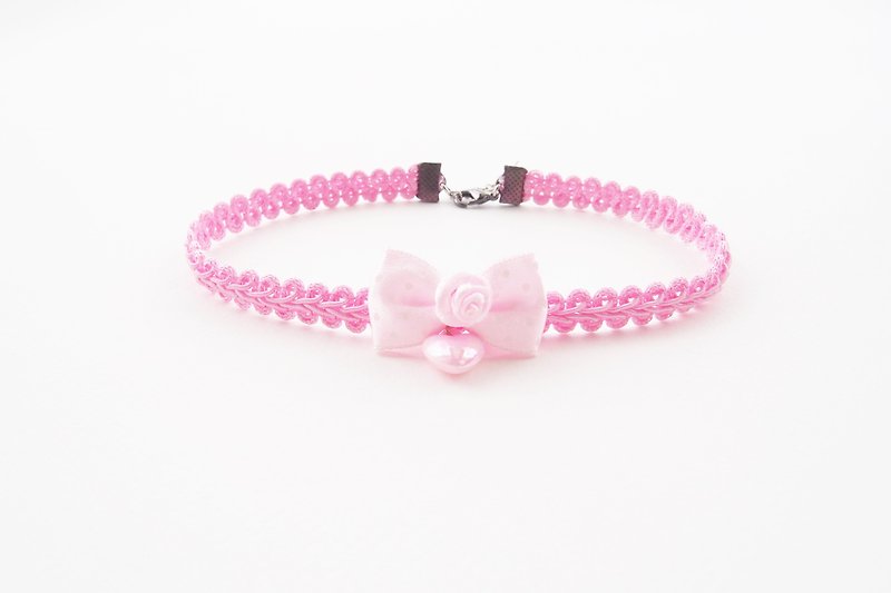 Pink choker / necklace with pink bow and pink heart. - 项链 - 其他材质 粉红色