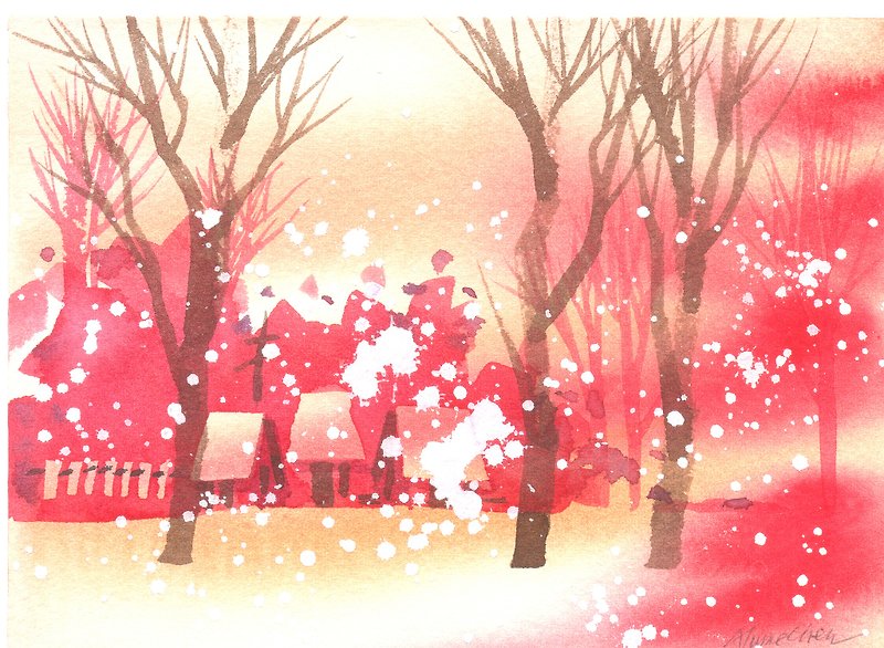 “疗愈系树林系列1-134”水彩手绘限量版明信片/圣诞卡 - 卡片/明信片 - 纸 红色