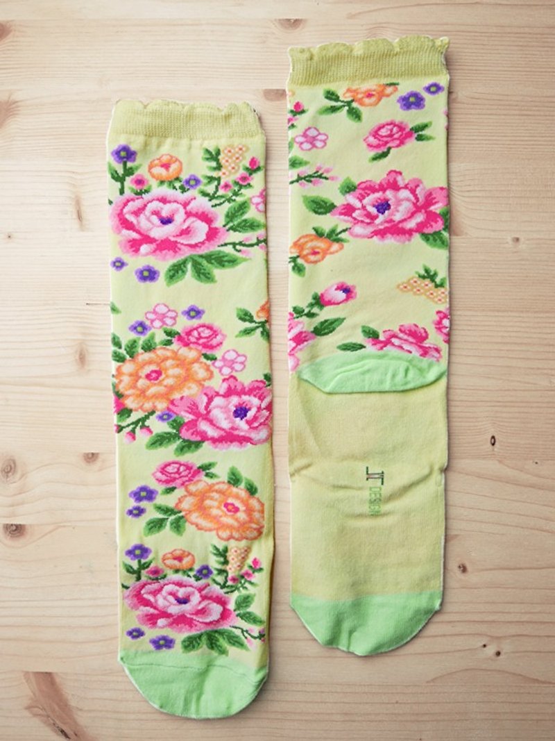 JHJ Design 加拿大品牌 高彩度针织棉袜 客家花布-针织袜(黄) - 袜子 - 其他材质 