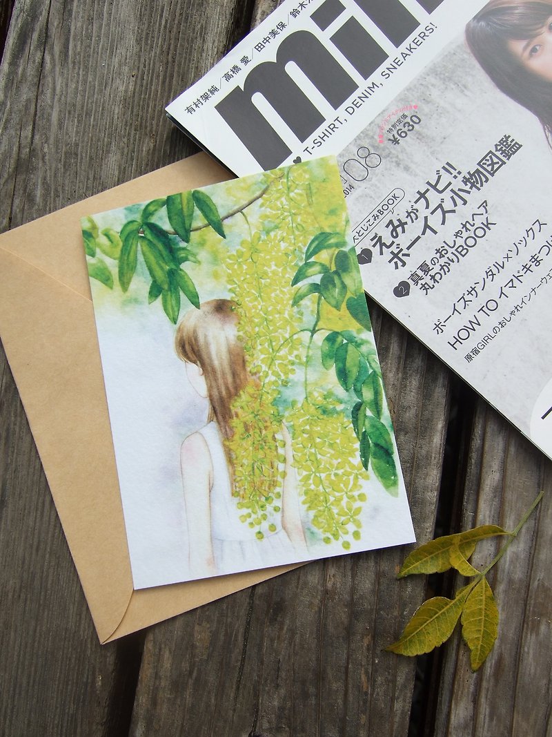 在花季结束前 阿勃勒 手绘水彩少女插画 人物画明信片 礼物卡片 - 卡片/明信片 - 纸 黄色