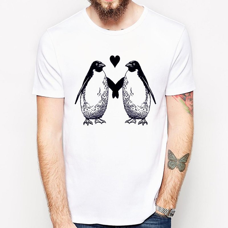 Penguin Love短袖T恤-2色 企鹅 爱 动物 文青 设计 情侣 礼物 - 男装上衣/T 恤 - 棉．麻 白色