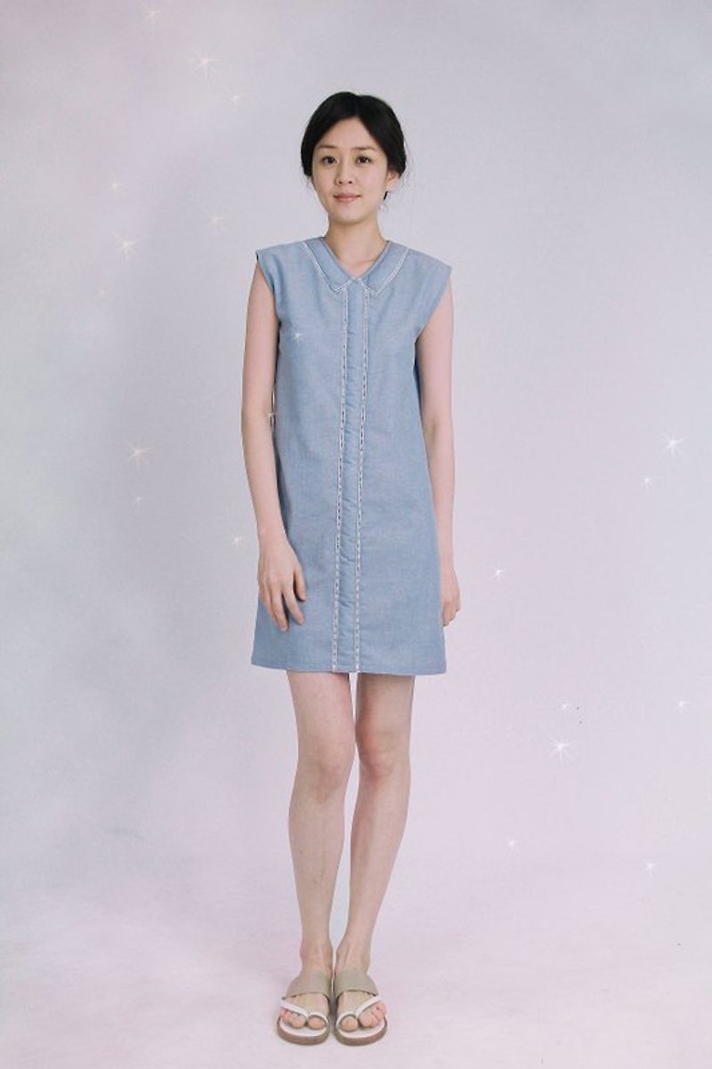 Breena 气囊设计衬衫式洋装 - 洋装/连衣裙 - 棉．麻 蓝色