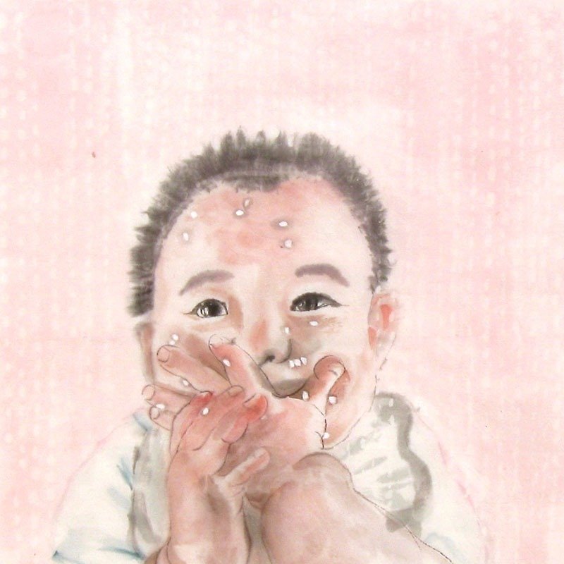 定制手绘水墨画像-赤子心之宝宝爱吃饭-30x30cm画心 - 订制画像 - 纸 粉红色