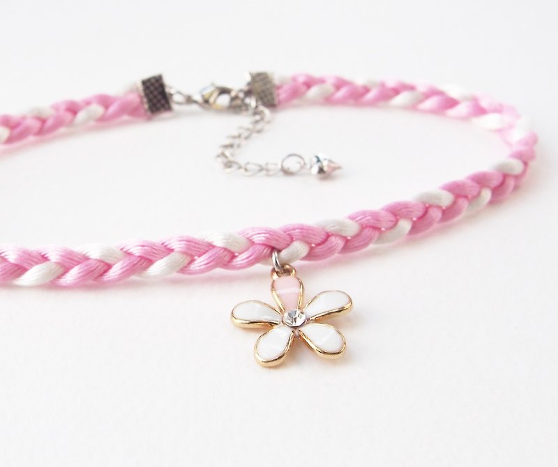 Light pink / white soft satin rope with flower charm. - 项链 - 其他材质 粉红色