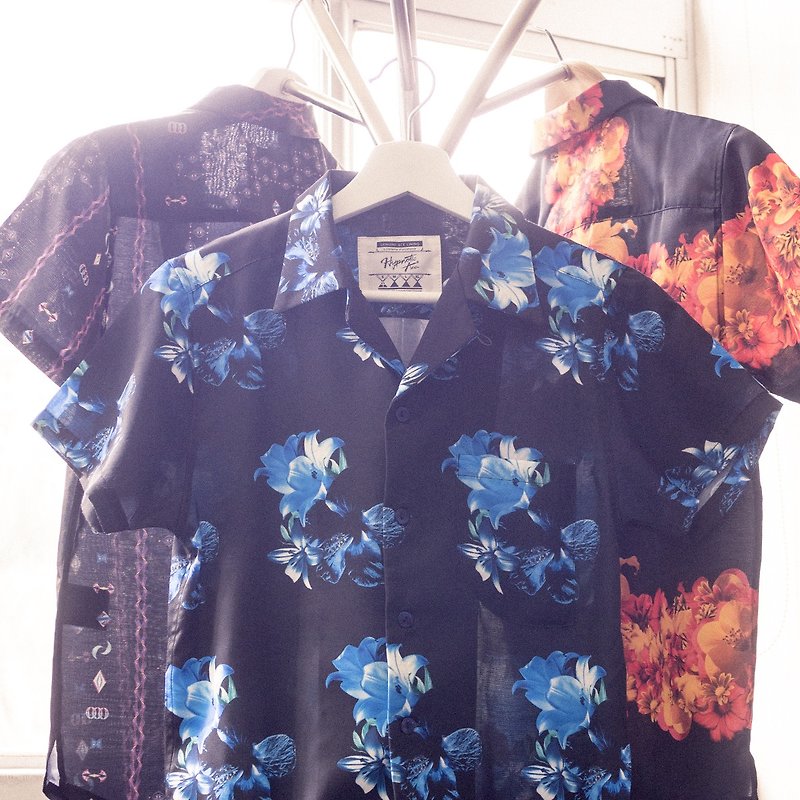 HypA 印花 夏威夷 短袖 衬衫 - 男装衬衫 - 聚酯纤维 黑色