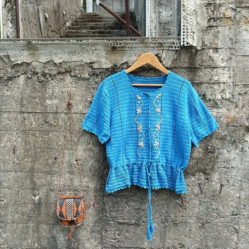 BajuTua /古着/ 民族风 土耳其蓝 针织绣花短袖罩衫 (微瑕疵) - 女装针织衫/毛衣 - 其他材质 蓝色