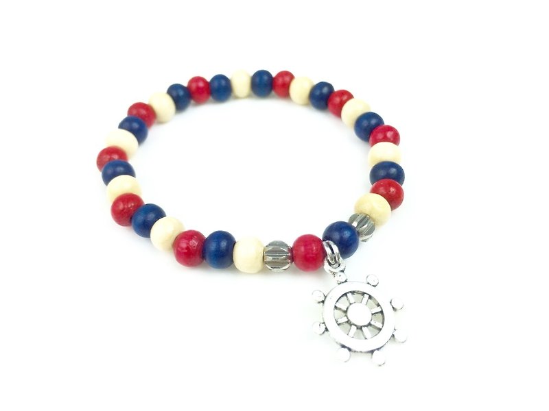 “红蓝白木珠 x 银色船锚” - 手链/手环 - 其他材质 多色