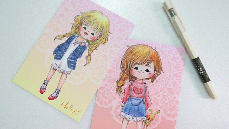 色铅笔的发色女孩明信片组(三张一组) - 卡片/明信片 - 纸 粉红色