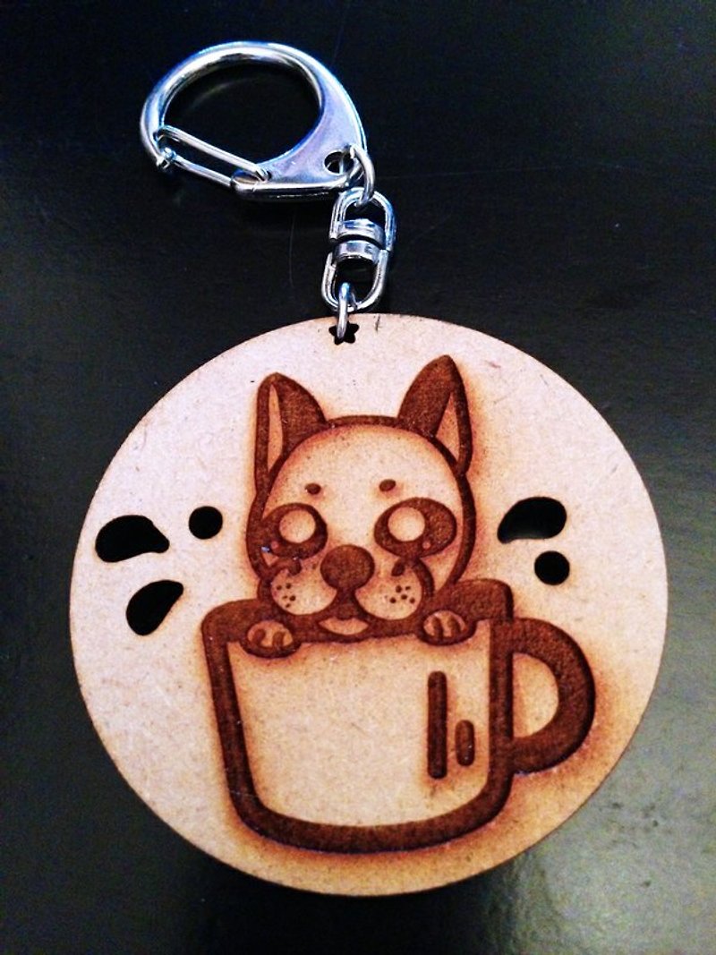 JokerMan-小狗饼干木质钥匙圈-泡咖啡的法斗【可定制】 - 吊饰 - 木头 咖啡色