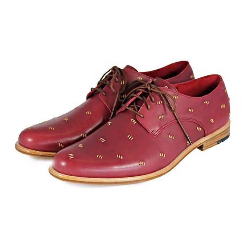 Sweet Villians M1091 手工真皮缝线德比鞋 酒红色 - 男款皮鞋 - 真皮 红色
