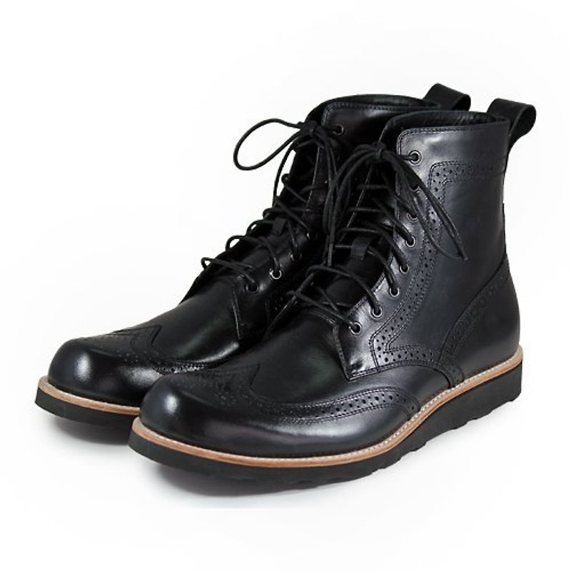 Sweet Villians M1128 手工真皮雕孔高筒靴 黑色 - 男款靴子 - 真皮 黑色