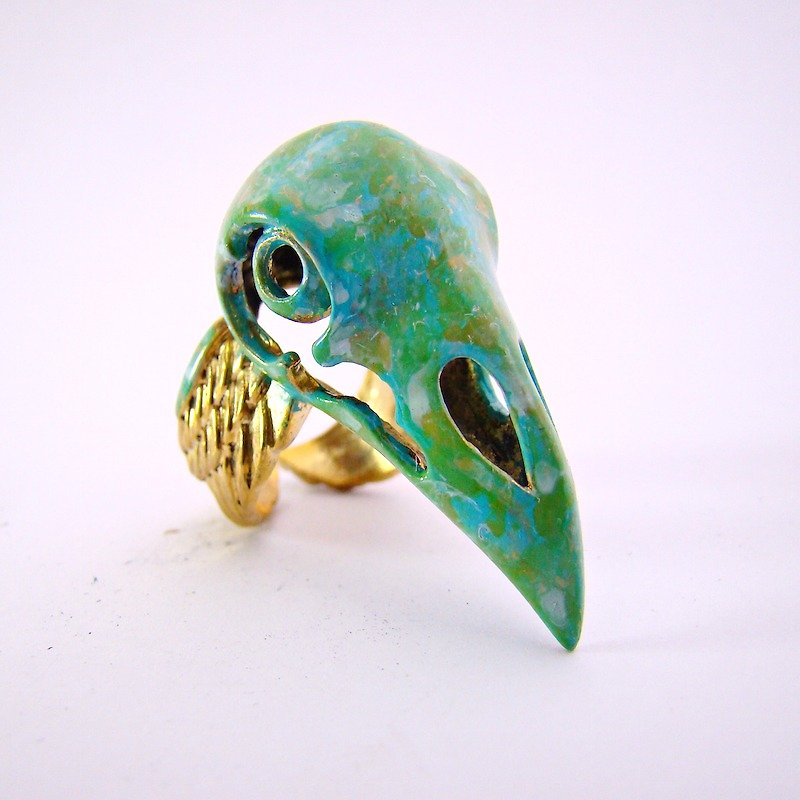 Crow skull ring in brass and patina color ,Rocker jewelry ,Skull jewelry,Biker jewelry - 戒指 - 其他金属 
