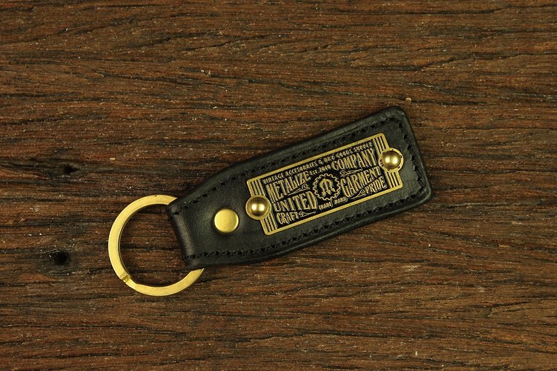 【METALIZE】黄铜标签皮革钥匙圈 - 钥匙链/钥匙包 - 真皮 黑色
