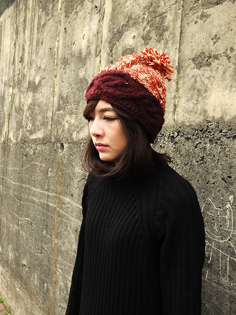 羊毛 手工编织 毛帽 立体图纹 双色 红橘+枣红 - 帽子 - 羊毛 红色