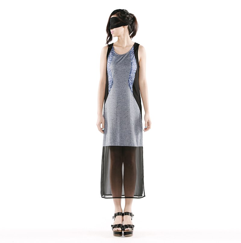【Dress】拼接弧线长洋 < 蓝/ 黑灰条 x 2色> - 洋装/连衣裙 - 其他材质 多色