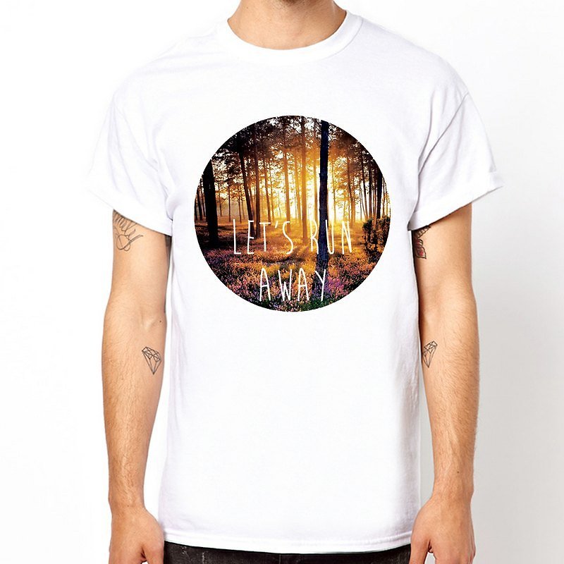 LET'S RUN AWAY-Forest短袖T恤-白色 树木森林照片自然设计圆 - 女装 T 恤 - 棉．麻 白色