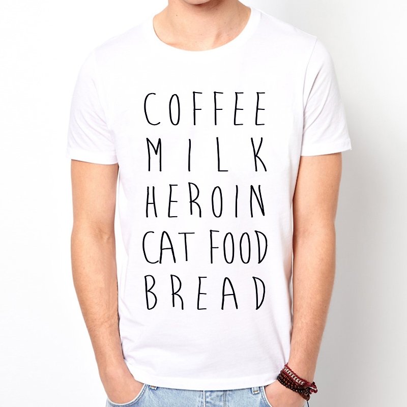 COFFEE MILK HEROIN CAT FOOD BREAD短袖T恤-2色 咖啡 牛奶 海洛因 猫 食物 面包 文青 设计 字 时尚 - 男装上衣/T 恤 - 其他材质 多色