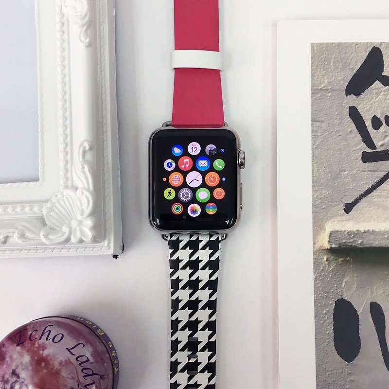 Apple Watch Series 1 - 5 粉红黑白千鸟格表带 38 40 42 44 mm - 表带 - 塑料 